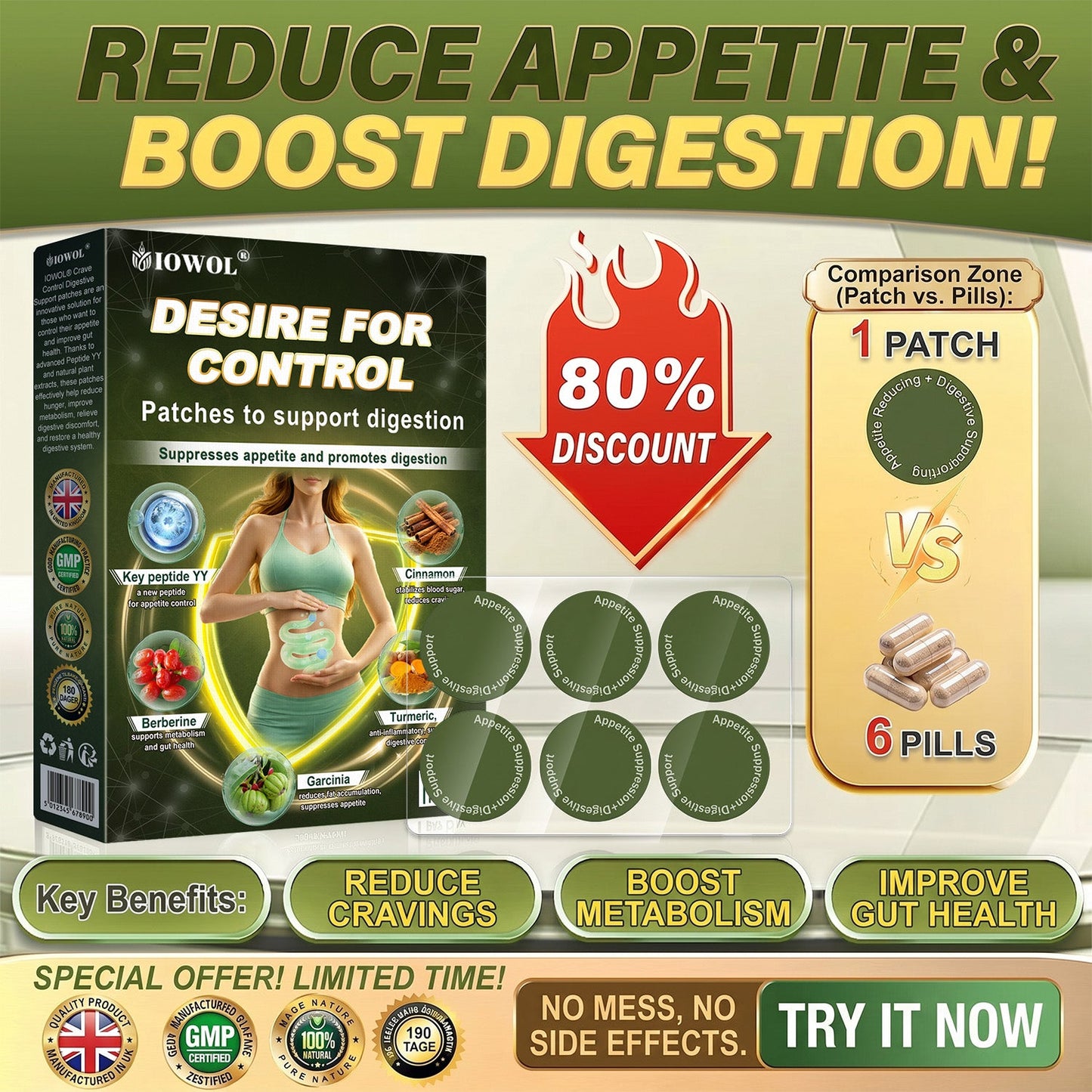 UP TO 90% OFF —IOWOL ® APPETITE CONTROL PATCHES! NO PILLS & NO HUNGER & NO STRUGGLE & 100% RESULTS.